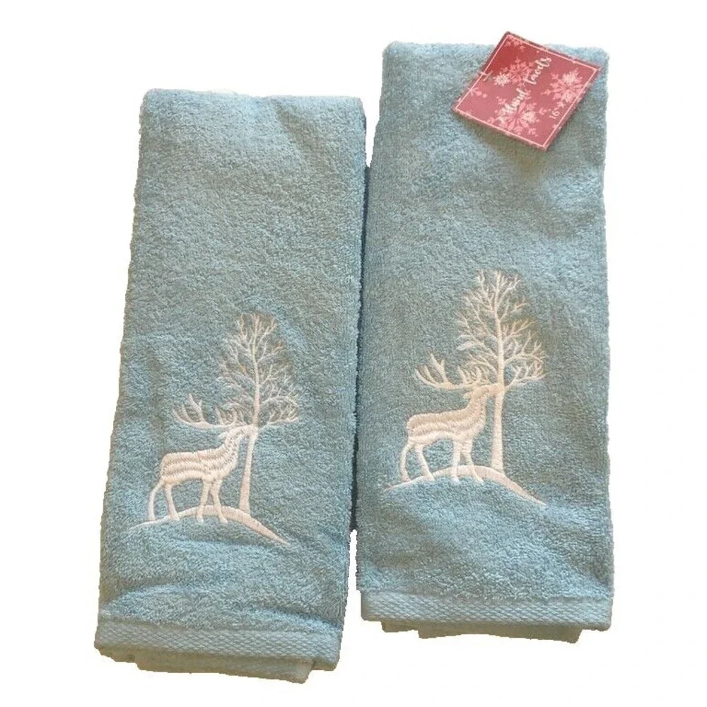 Christmas Tree Reindeer Hand Towels Holiday Embroidered Blue White Set of 2